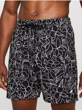 Fabletics The Cabana Black Swim Trunks with White Floral Line Print